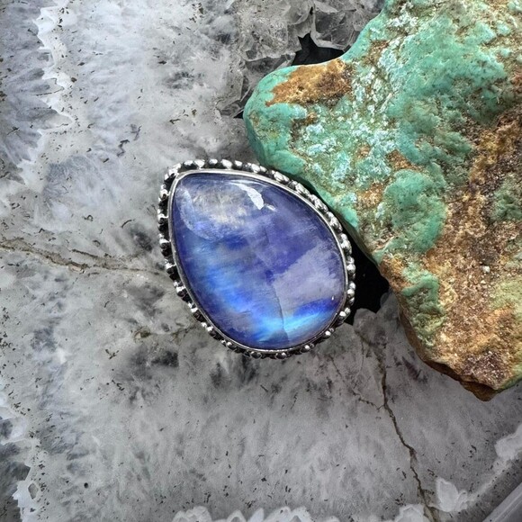 Sterling Southwestern Style Teardrop Purple Rainbow Moonstone Ring S 8 For Women - Picture 2 of 10